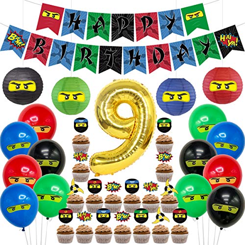 Ninja 9th Birthday Party Supplies Decorations - Ninja Happy Birthday Banner 24 Cupcake Toppers Ninja Balloons Stickers for Boys Ninja Warrior Themed Birthday