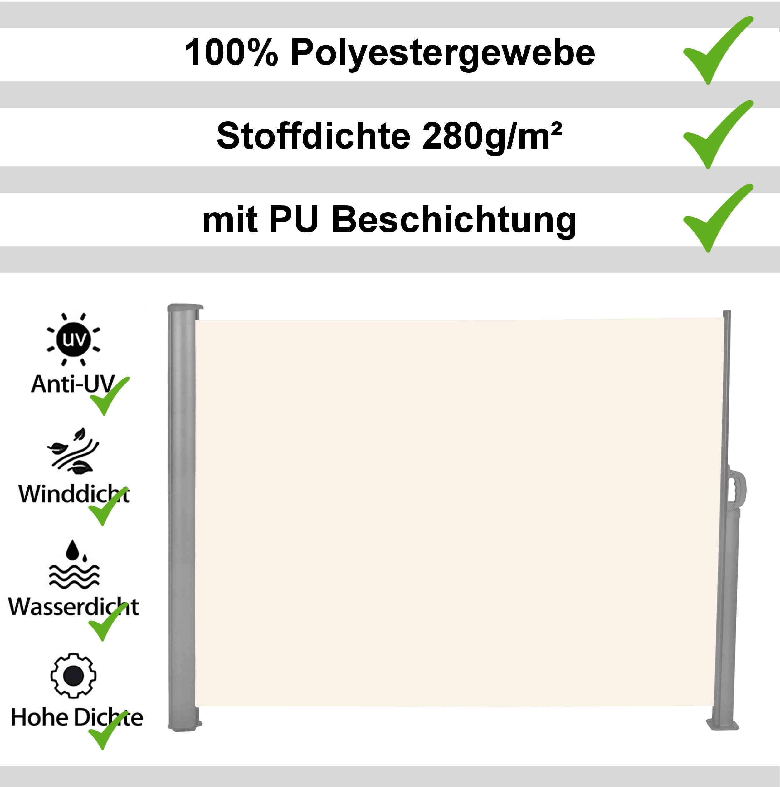 vanvilla Seitenmarkise 180x300 cm ausziehbar Sichtschutz Terrasse Sonnenschutz Terrasse Windschutz Terrasse Seiten Markise Boden- oder Wandmontage 