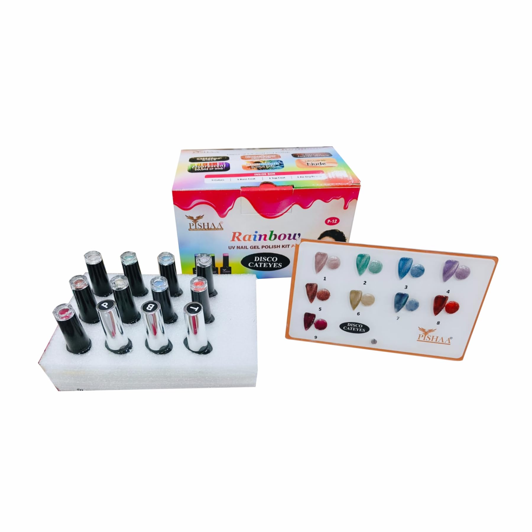 Disco Cat Eye P-12 Gel Polish Kit | 9 Color UV/LED Magnetic Glitter Nail Gel Set with Base & Top Coat-image-19