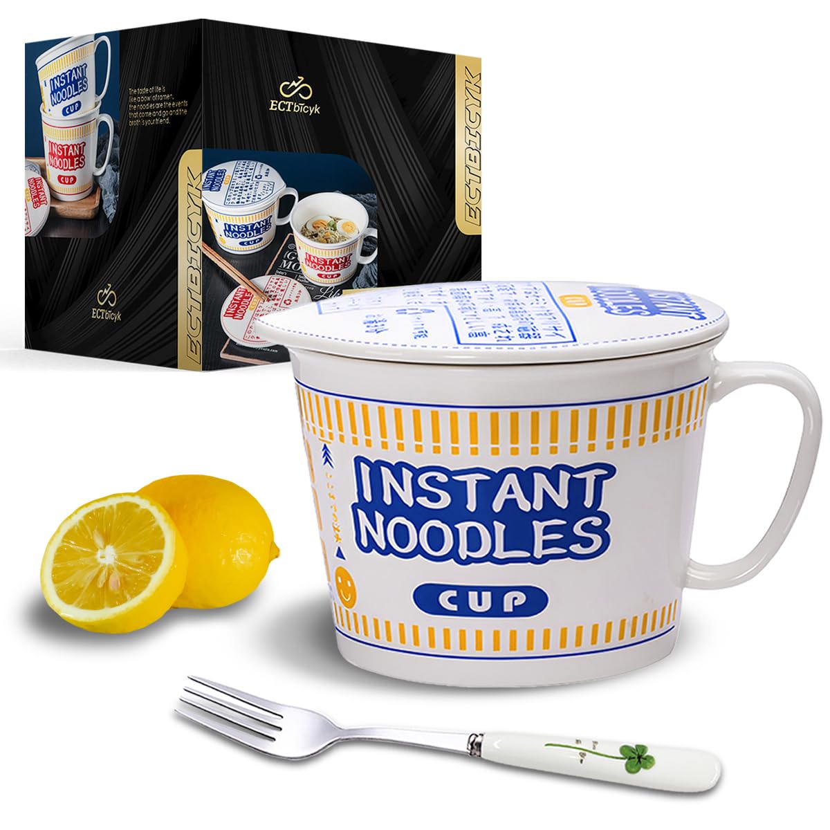 Ramen Bowl with Lid Creative Instant Noodle Bowl Large Japanese Ceramic Soup Bowl with Handle (Blue, 33 OZ)
