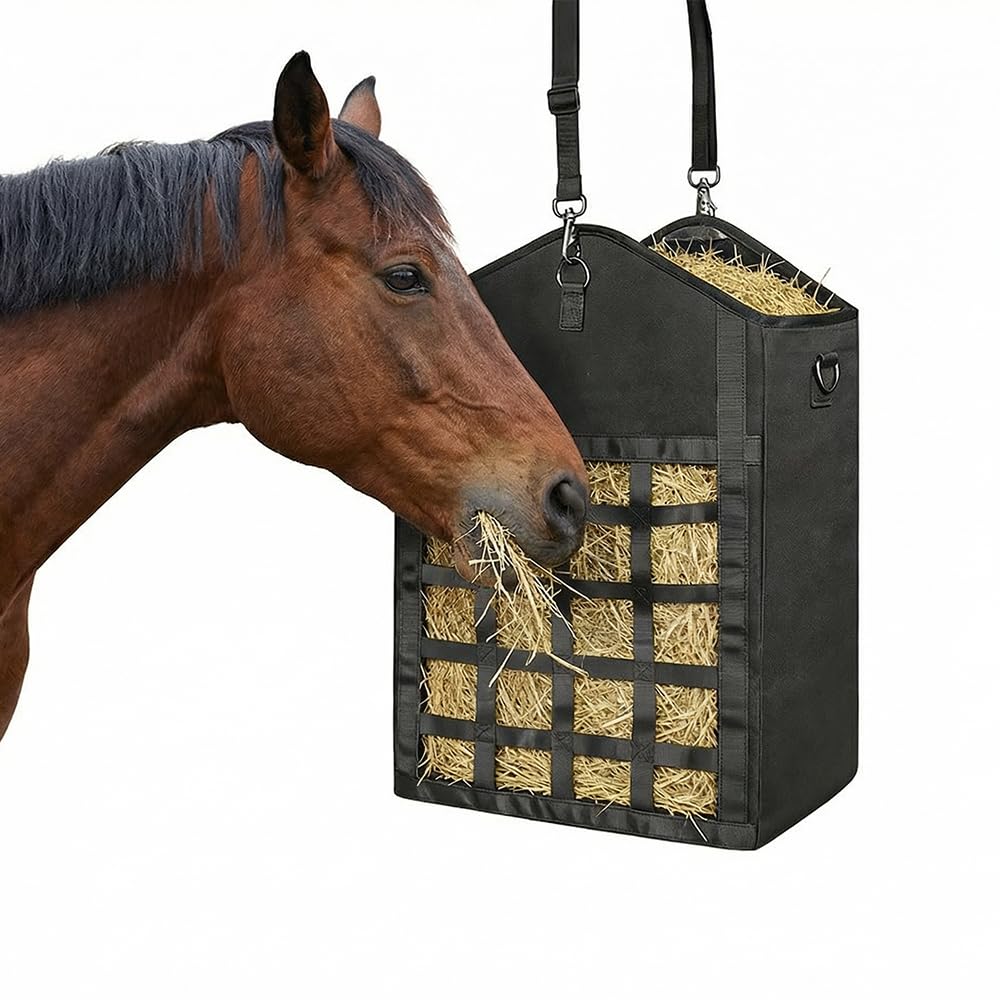 Hay Bag for Horses – Heavy Oxford Hay Bag with Dual Feed Panels, Large Capacity, Adjustable Hanging Strap for Stable or Field Use