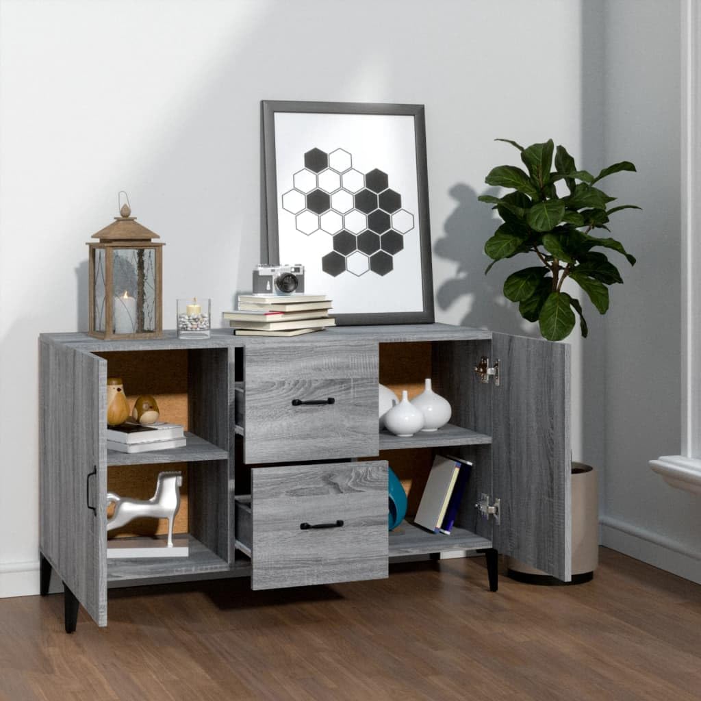 Credenza grigia Sonoma 100 x 36 x 60 cm, elegante materiale in legno con 2 ante e 2 cassetti, cassettiera salvaspazio per soggiorno, cucina, corridoio e camera da letto