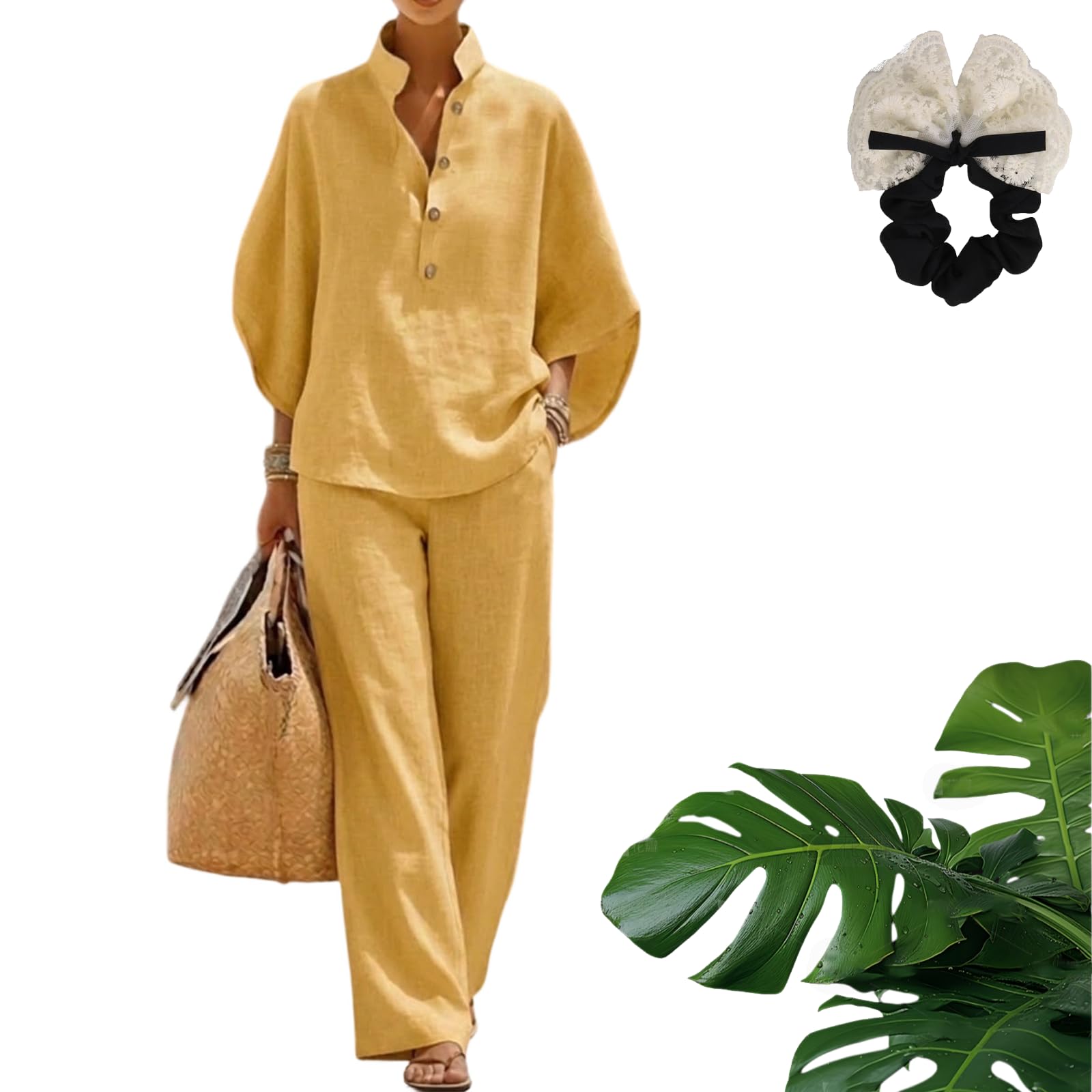 Set de Dos Piezas Verano Mujer Casual Conjunto de Vacaciones Lounge Set de Algodón Estilo Lino Ligero con Mangas Murciélago Cómodo