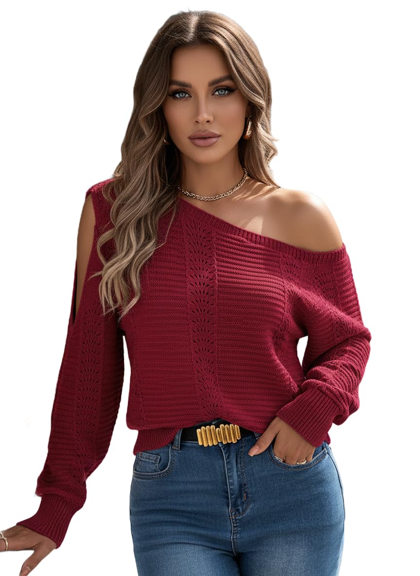 Womens Off Shoulder Crochet Sweater Fall Fashion 2025 Knit Tops Casual Long Sleeve Pullover Sweaters