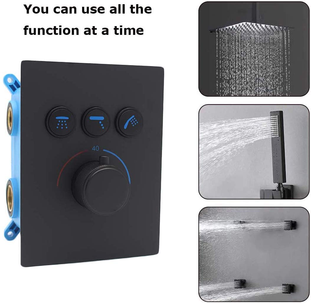 Sistema Combinado de Ducha de Lujo para baño, de 10 a 12 Pulgadas, con Cabezal de Ducha LED termostático de latón Negro Mate para Montaje en Pared, chorros corporale,10 Inch