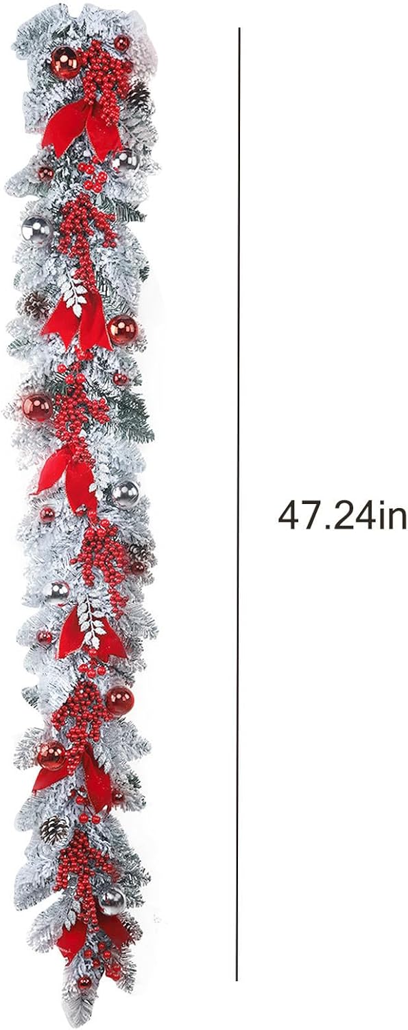 3.93Ft Christmas Garland with Pinecones Red Berries Bows Christmas Balls Ornaments Snow Flocked Artificial Xmas Wreath Decor for Staircase Railing Indoor Outdoor (White)