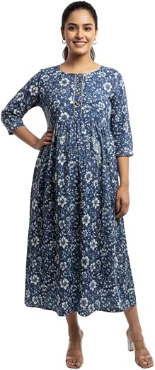 Vimanya Maternity Gown for Women | Comfortable Printed Cotton Dress Feeding Kurti with 2 Side Zipper and Side Dori | Pre &amp;...
