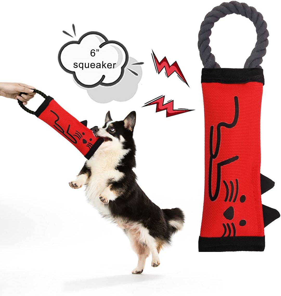 purrrfect life Fire Hose Dog Toss & Fetch Toy, Interactive Dog Squeaky Toy, Durable No Stuffing Dog Chew Toy with Ropes (Cat, 13" L - DE)