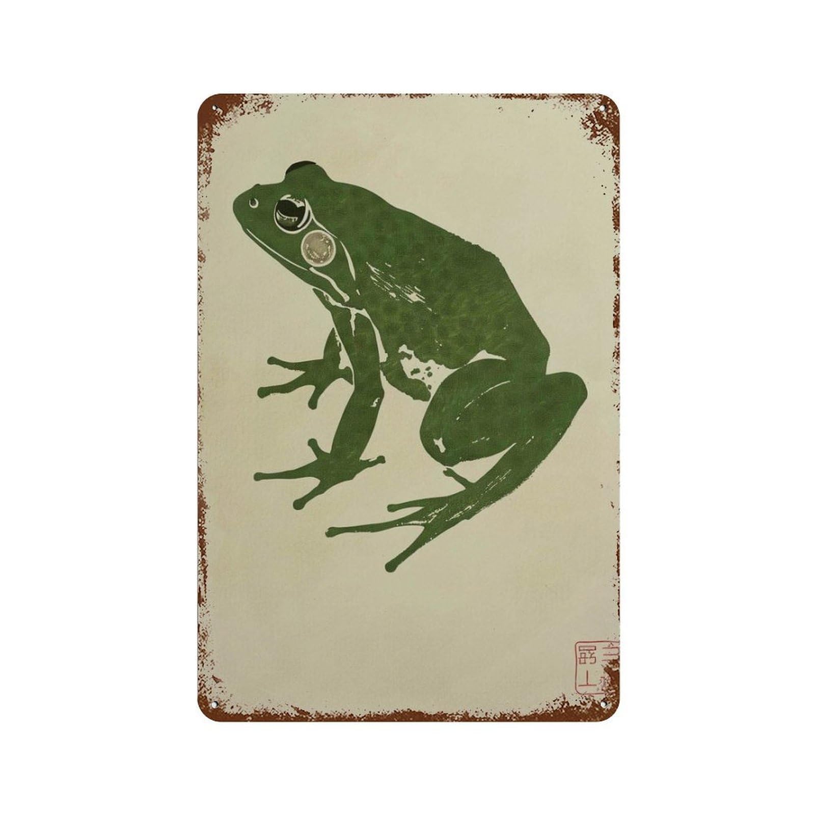 xiaoxiaoshen Japanese Green Frog Zen Woodblock Style Wabi Sabi Minimal Animal Nature Wall Decor Art Metal Tin Poster Modern Home Decor Art Home Bar Shop Decorations Vintage Sign 30x20cm