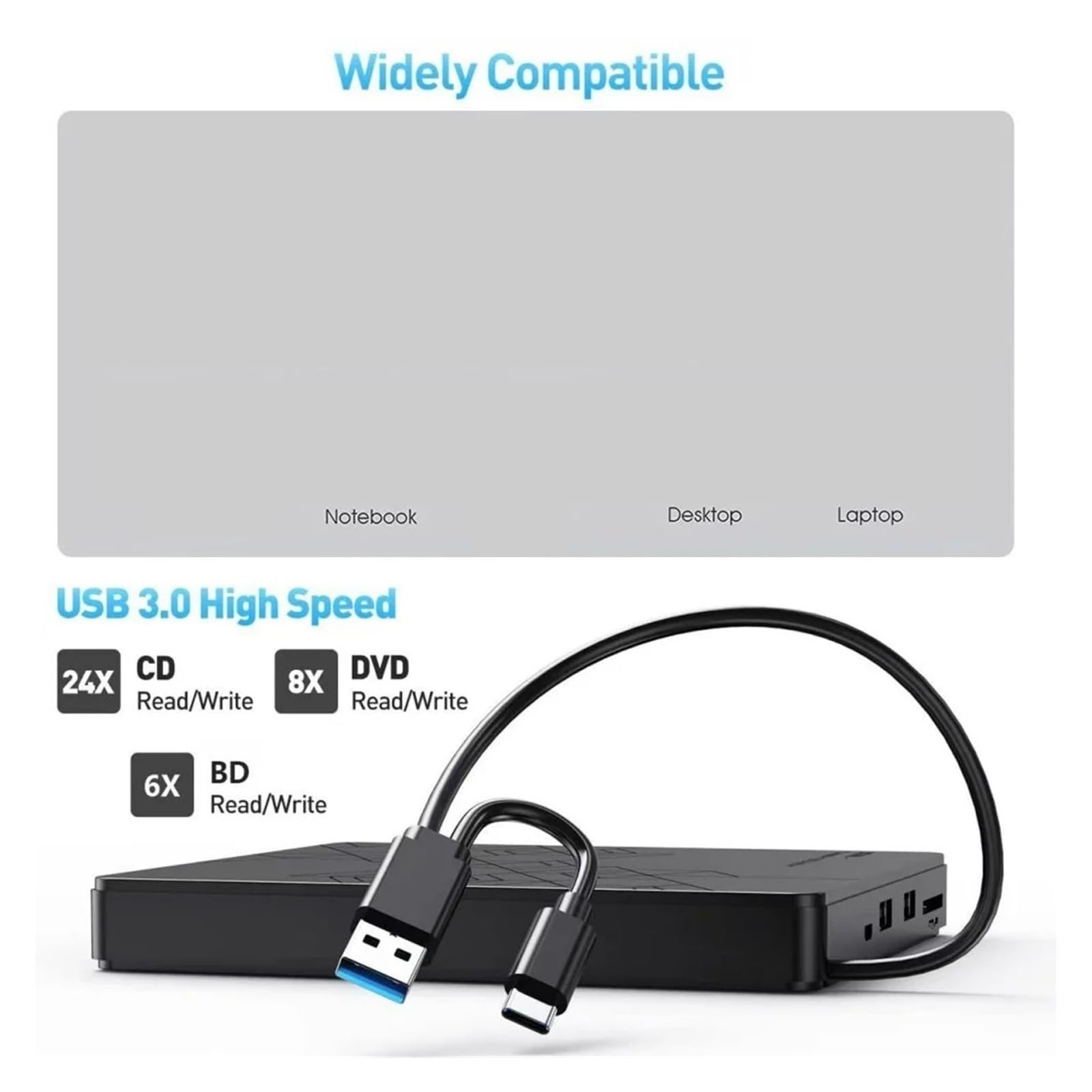 Przenośny odtwarzacz DVD, 5-w-1 zewnętrzny napęd Blu-Ray, przenośne napędy optyczne, nagrywarka DVD CD, odtwarzacz i czytnik do laptopa