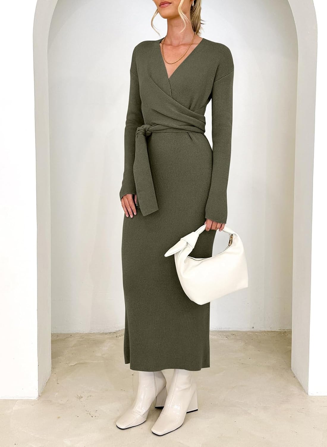 Happy Sailed Womens Knit Dress Spring Long Sleeve Wrap V Neck Tie Waist Ribbed Sweater Dresses - Image 3