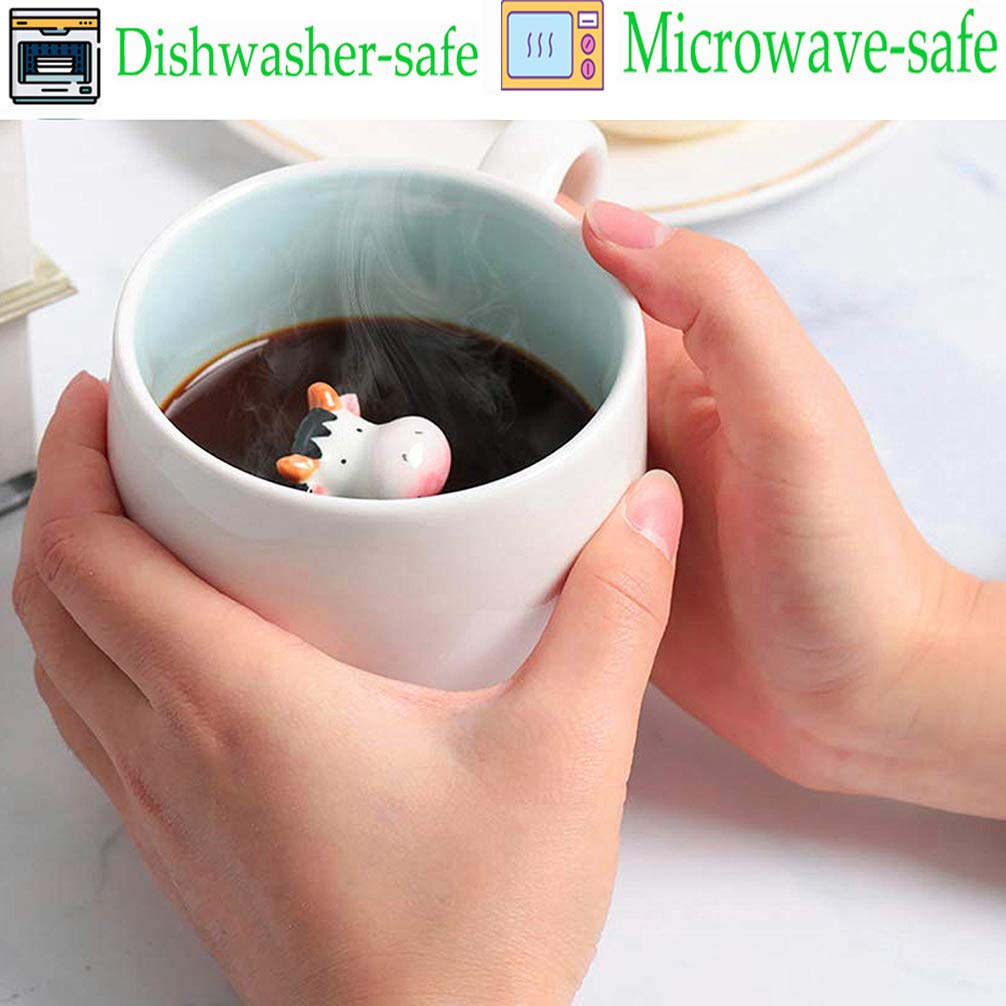 Cow Cute Cartoon Mugs 3 pcs Animal Ceramic Coffee Mugs Water Cups with Crafts Porcelain Small Cow and Spoon Celadon Cup, 350ML - Image 2