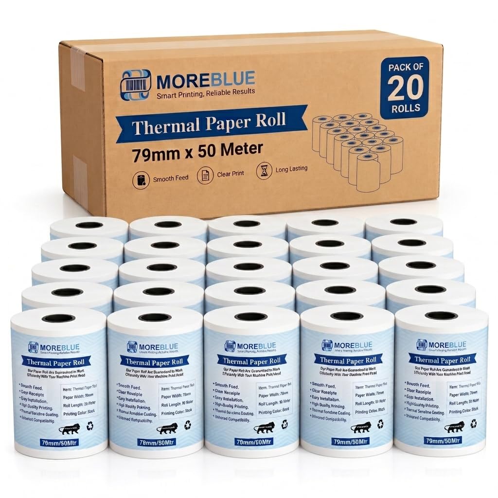 MOREBLUE® 3 Inch Thermal Paper Rolls (79mm x 50m, 55 GSM) | Ink-Free, BPA-Free Receipt Paper for POS Machine, Billing Machine & Credit Card Machine Pack 20