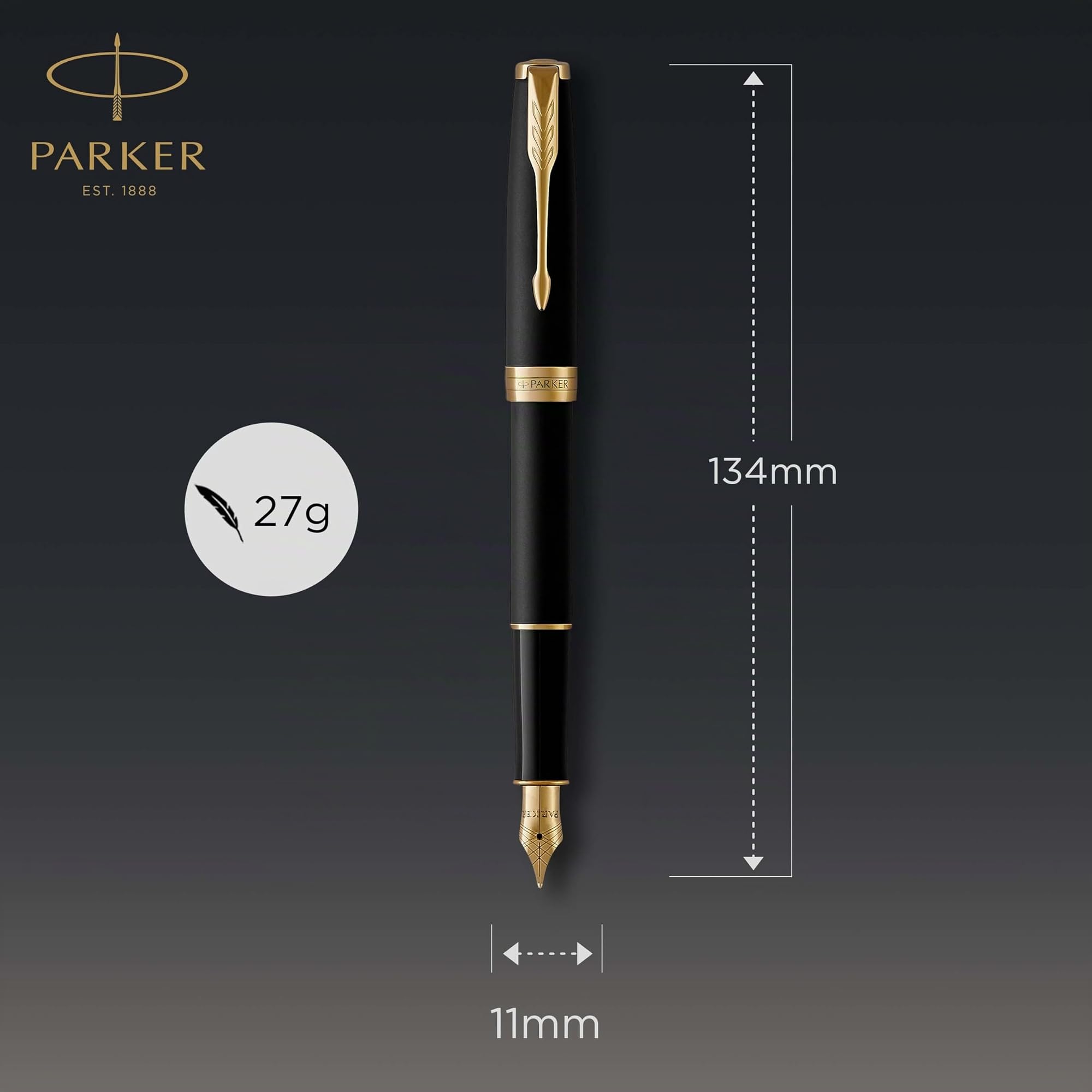 Parker Sonnet Füller | Matt-Schwarze Lackierung mit Goldzierteilen | Füllfederhalter mit mittlerer Feder | Geschenkbox