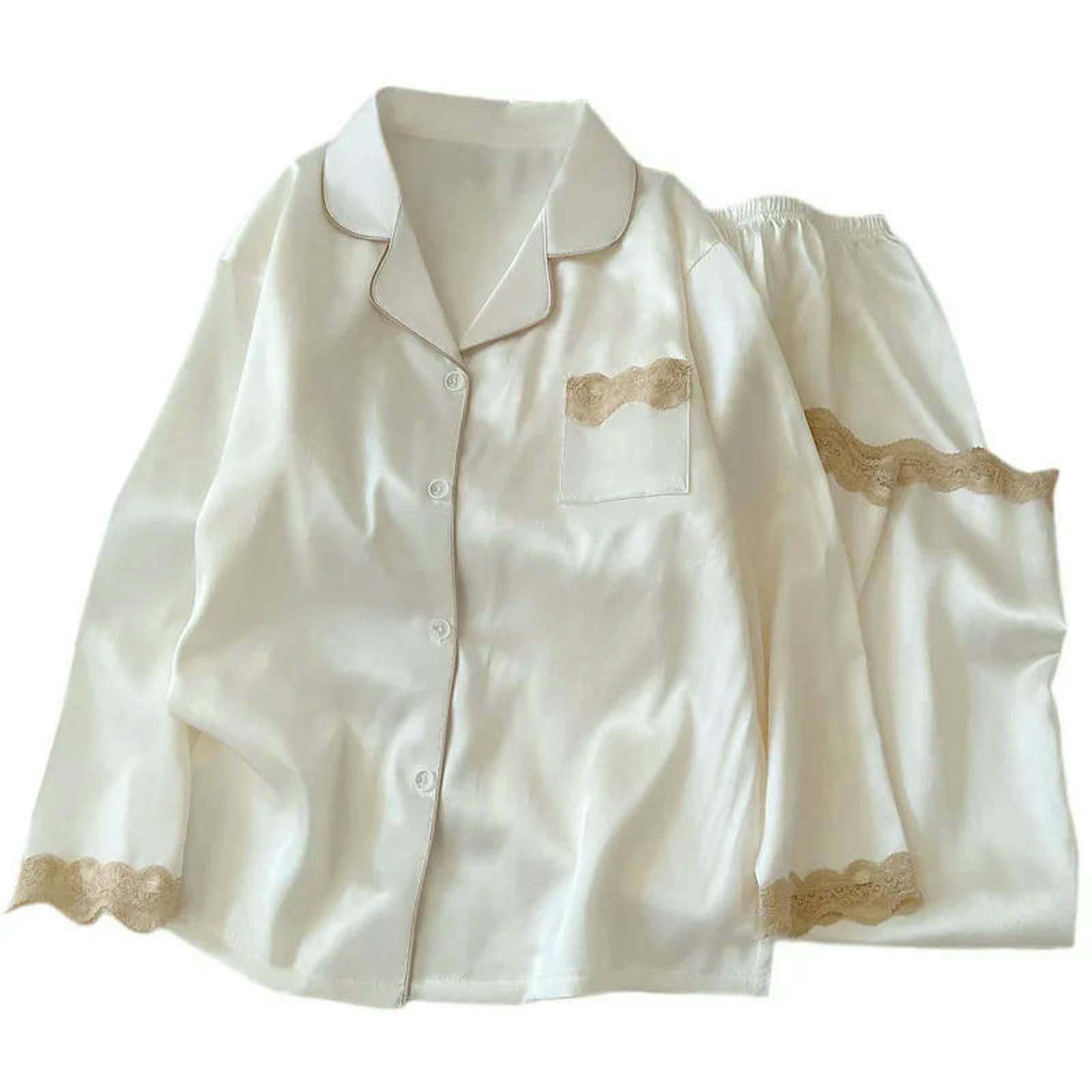 Pigiama Set di Indumenti da Notte Donna in Seta Ghiaccio Primavera Autunno con Bordi Pizzo E Maniche Lunghe-gg2371-l