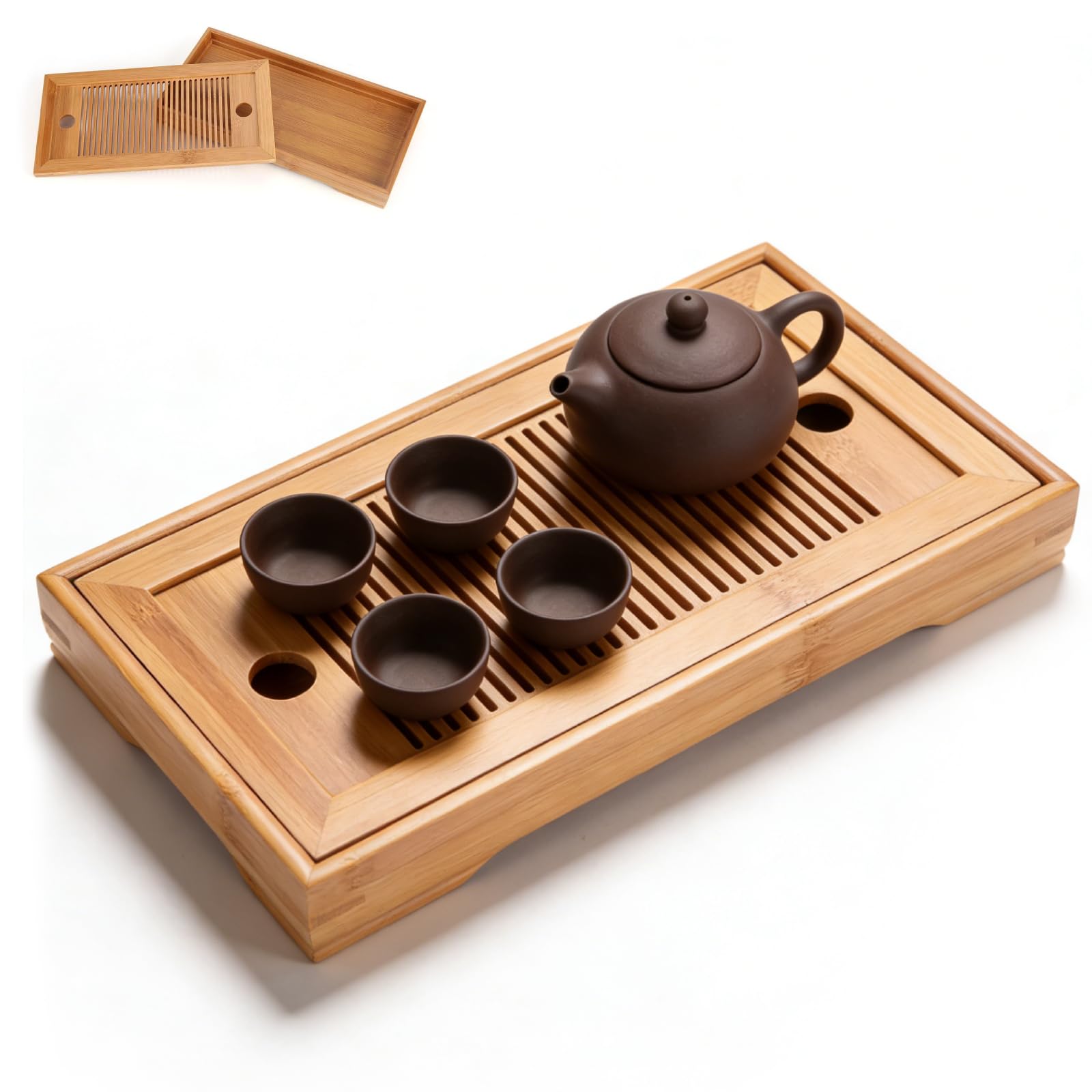 Candeon Natural Double-Layer Teapot Tray,Chinese Style Bamboo Tea Tray, Rectangular Bamboo, 27 X 14 X 3 Cm 2 In 1 Removable, Water Storage, Gongfu Tea Table Serving For Home Office Teahouse