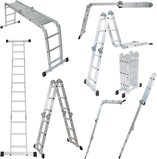 Wolf 11 in 1 Aluminium 3.37M Multi Purpose Folding Ladder with Steel Platform Trestle Inserts Use On Staircase Step Work Bench EN131