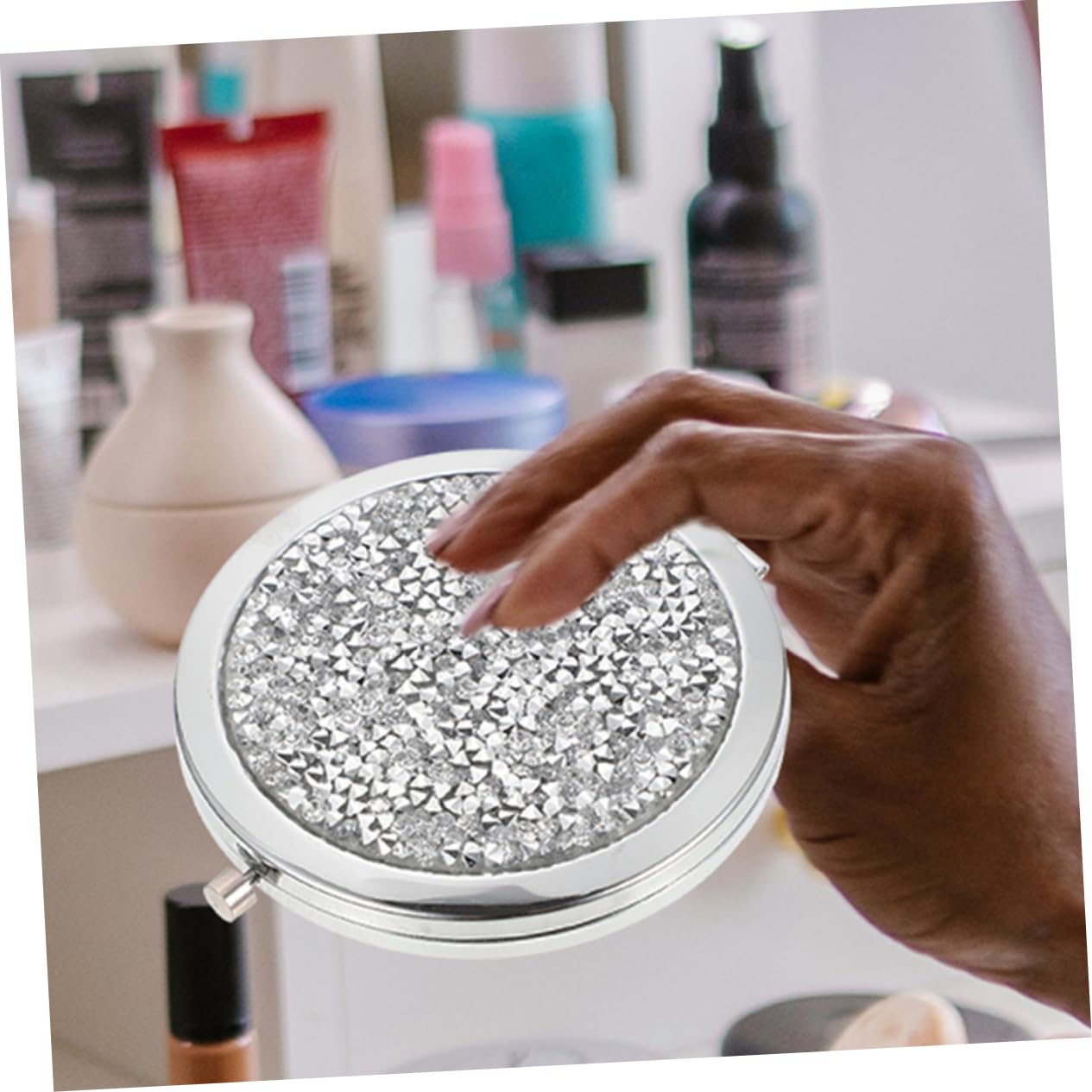 Didiseaon Specchio da Trucco Rotondo Compatto in Metallo, 2x Ingrandimento, Design con Cristalli, 6 Pezzi, Specchio Tascabile per Viaggio e Uso Quotidiano