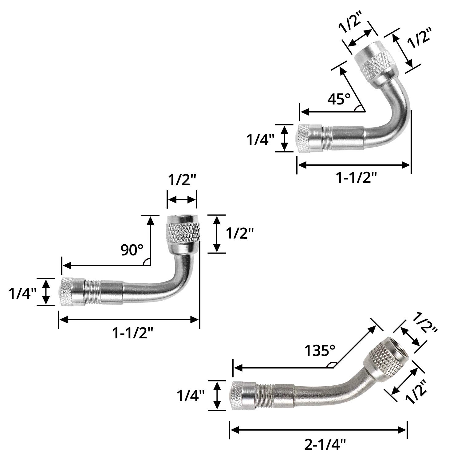 QWORK Prolunga valvola Pneumatici, 6 Pezzi Adattatore per Prolunga Valvola Pneumatico, Estensione Pneumatico Pneumatico in Ottone, per Camion Moto Auto Bici, 45 °, 90 °, 135 °, Argento