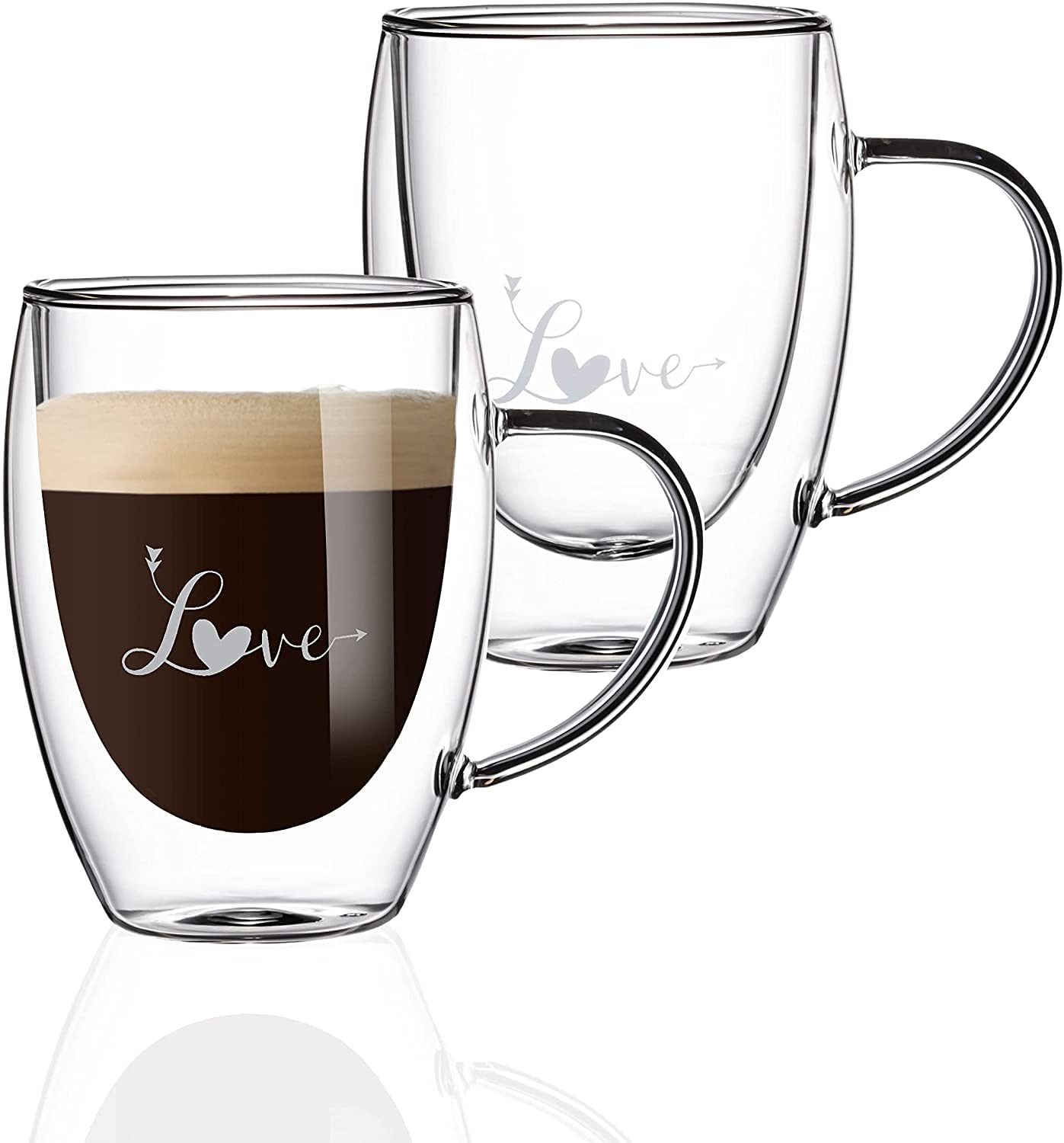 LushhDouble Wall "LOVE" Printed Glass Mug with Handle for Juice Wine Tea Coffee, Breakfast Cup Cocktail Mug for everyday use, 350 ML,2Pcs Set.