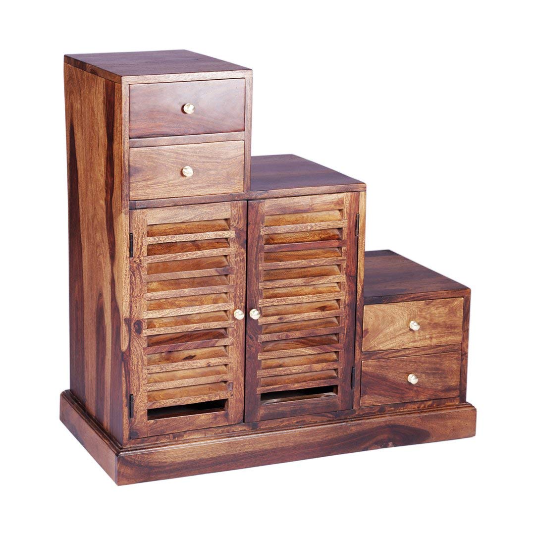 Solid Sheesham Wood Step Multipurpose Storage Cabinet 4 Drawer and 2 Shutter Design Doors for Home Wooden Shoe Rack Cabinet Footwear Stand Organizer Furniture (Provincial Teak Finish)-image-2