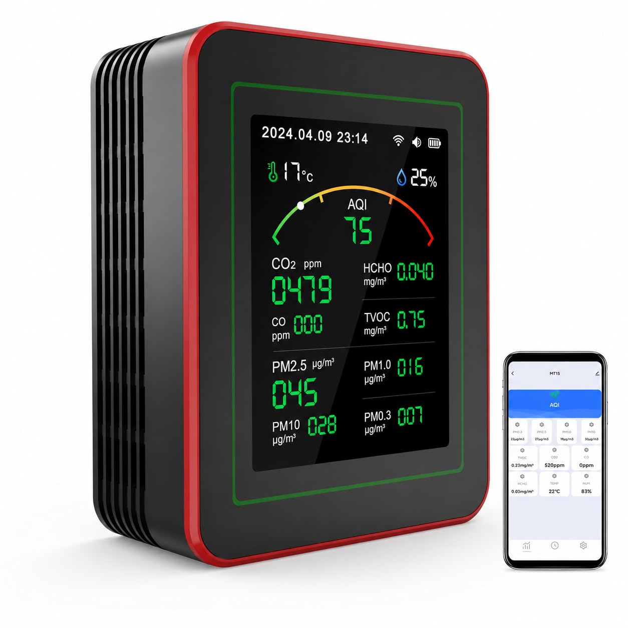 Smart Air Quality Monitor with App Control, 15-in-1 Pollution Detector for CO2 PM2.5 PM10 HCHO TVOC, Real-Time AQI Sensor and Custom Alerts for Home, Office and Car