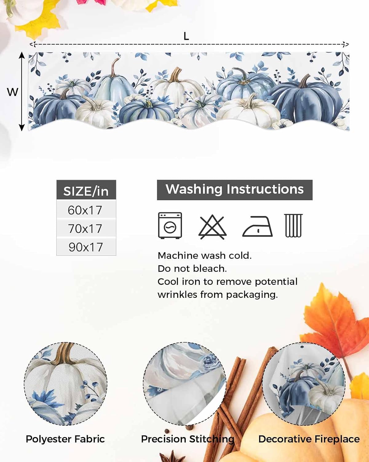 Fall Fireplace Scarf Blue White Pumpkin Mantel Scarf Mantel Shelf Top Scarves Flowers Eucalyptus Leaves Harvest Thanksgiving Mantel Cover Runner for Autumn Holiday Living Room 90x17 Inch