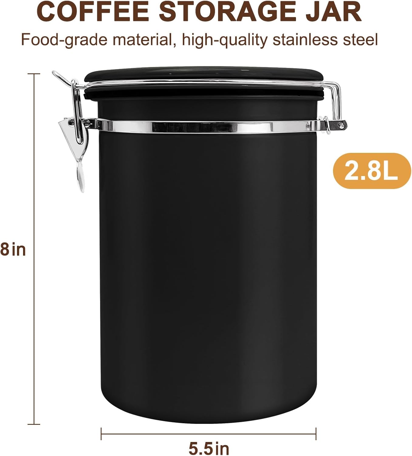 2.8L Airtight Vacuum Coffee Canister, Stainless Steel Storage Container for Coffee Beans and Grounds with Scoop.Suitable for coffee powder, coffee beans, rice, tea leaves, sugar, flour, and grains