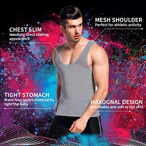 GKVK Mens Slimming Body Shaper Vest Chest Compression Shirt Abs Abdomen Slim Tank Top Undershirt Grey - Thumbnail 3