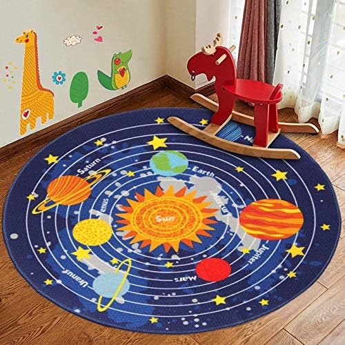 Enyhom Round Universe Themed Kids Play Mat for Crawling, Outer Space Planet Floor Mat Educational Learning Nursery Carpet Rugs Funny Children Area Rug for Playroom Bedroom (Diameter 100 cm)