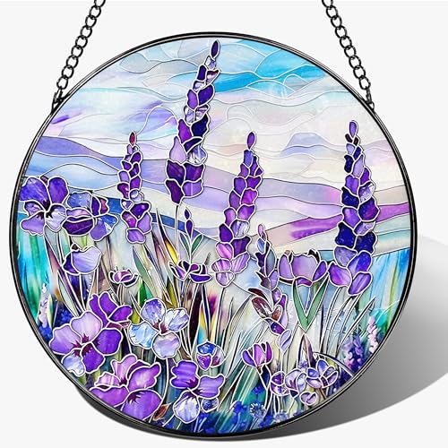 Stained Glass Window Hanging, 7.8" Colorful Lavender Sun Catcher, Suncatcher for Indoor Windows, Decorative Hanging Ornament, Home Wall & Window Decor, Gifts for Women, Wife, Mom, Grandma