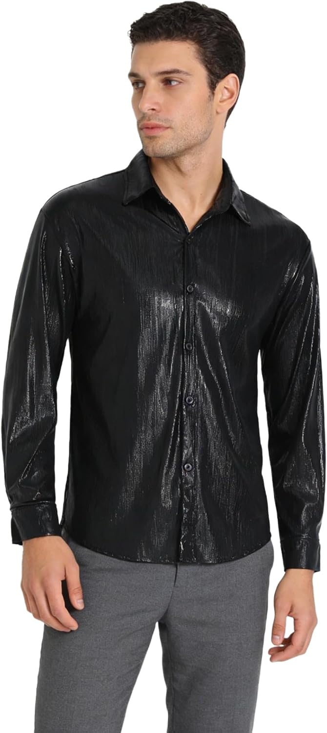 Linjinx Mens Long Sleeve Shirts Tops Dressy Lapel V Neck Button Down Top Collarless Dance Shirt for Christmas