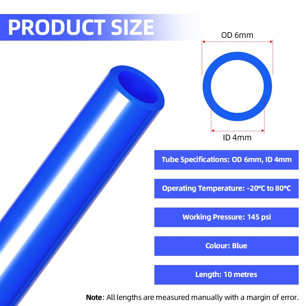 Bright 10M Polyuréthane PU Air Tuyau Tuyau Kit, 10mm OD X 6,5mm ID Sans Raccords