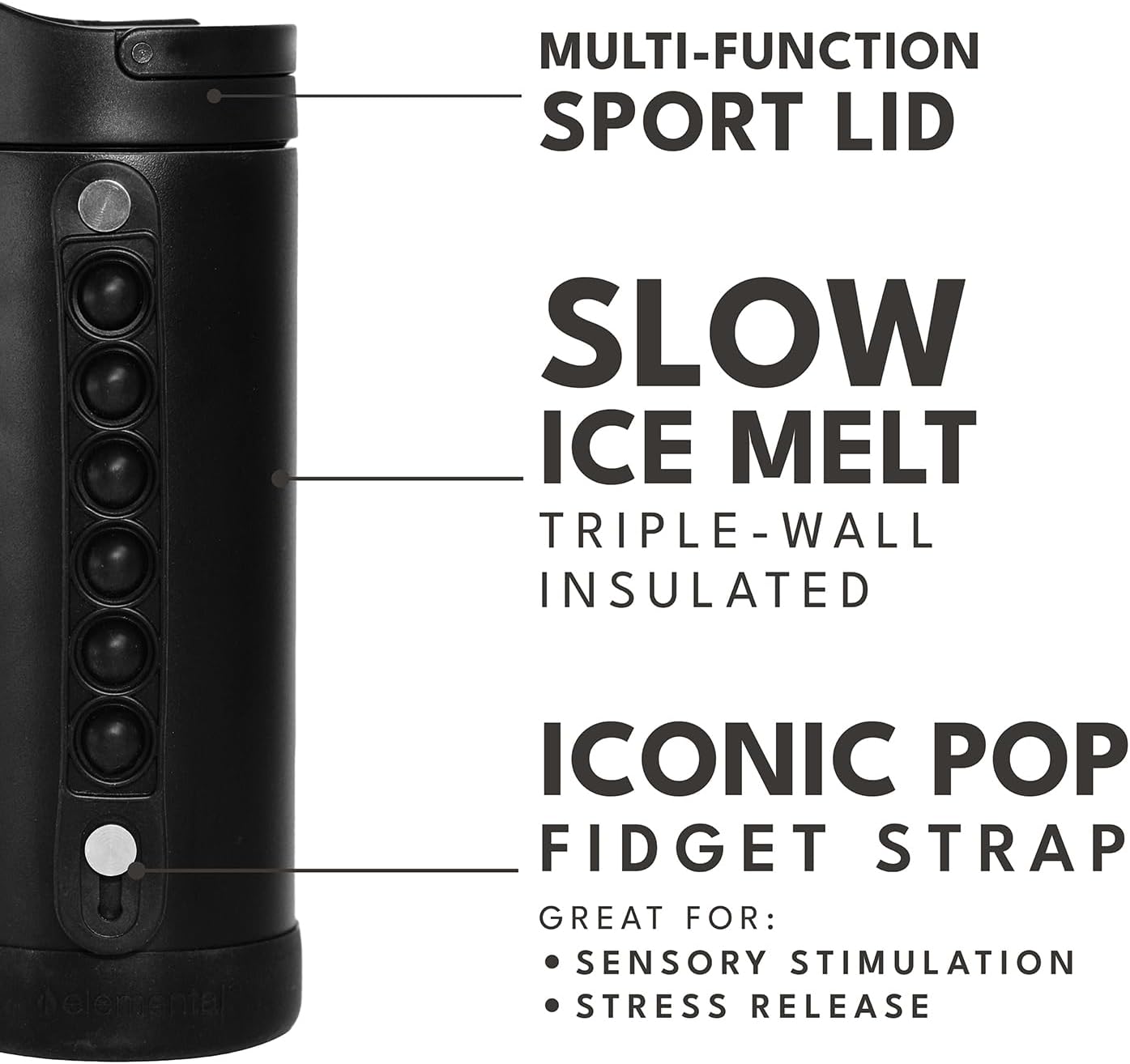 Elemental Iconic Kids Water Bottle for School - 100% Leak-Proof Insulated Water Bottles with Straw Lid & Pop-It Handle for Boys & Girls - Triple-Wall Insulated & BPA-Free, 14oz – Black - Image 7
