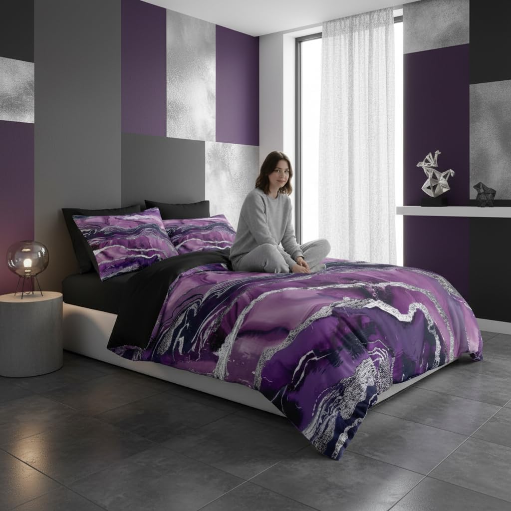 Purple Marble Comforter Set Queen Size, Abstract Black Purple Bedding Set with Silver Lines - 3Pcs Soft Lightweight Quilted Comforter for All Seasons,90"x90" - Image 4