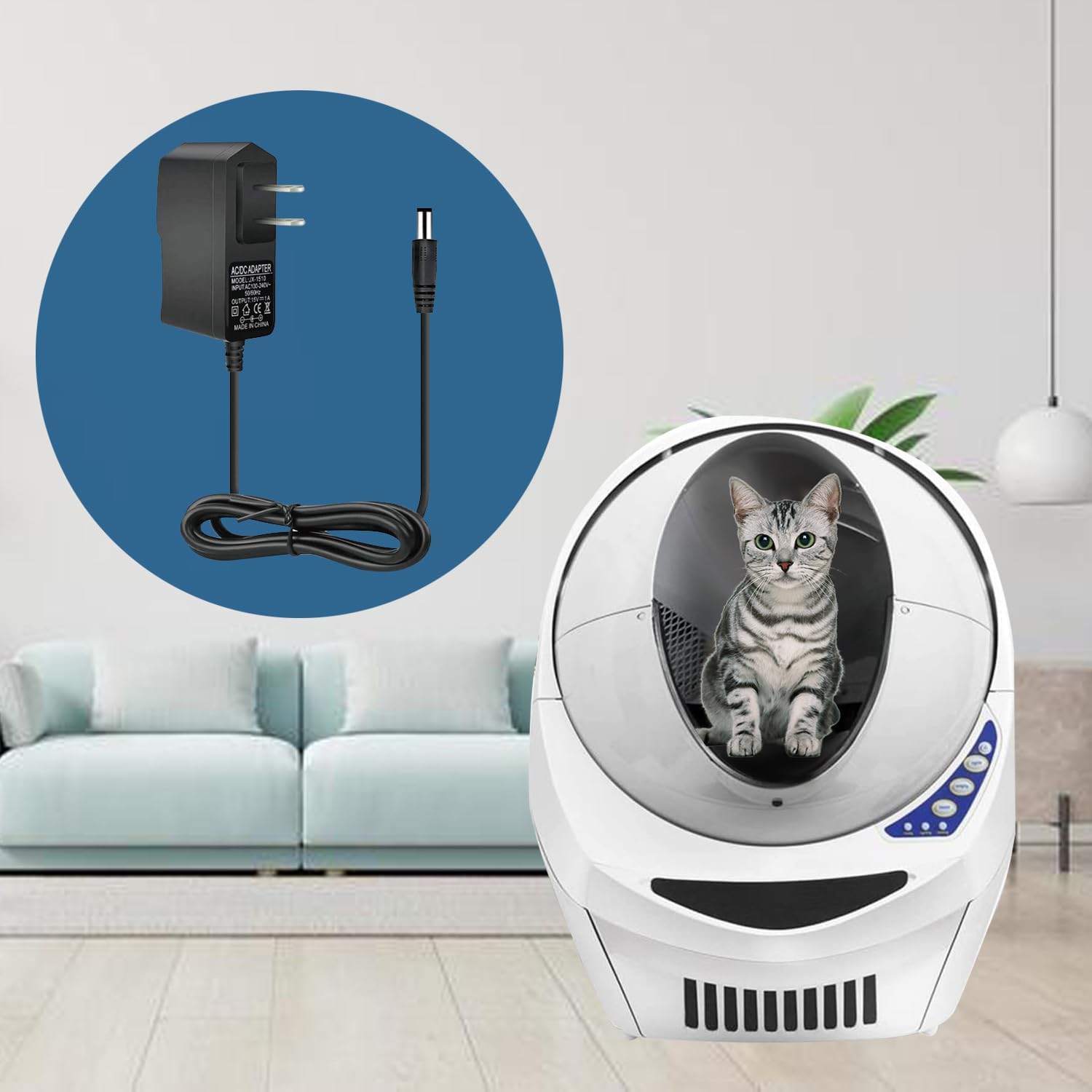 15V Power Adapter Compatible with Litter Robot 2, 3, 4 Open Air Self Cleaning Cat Litter Box