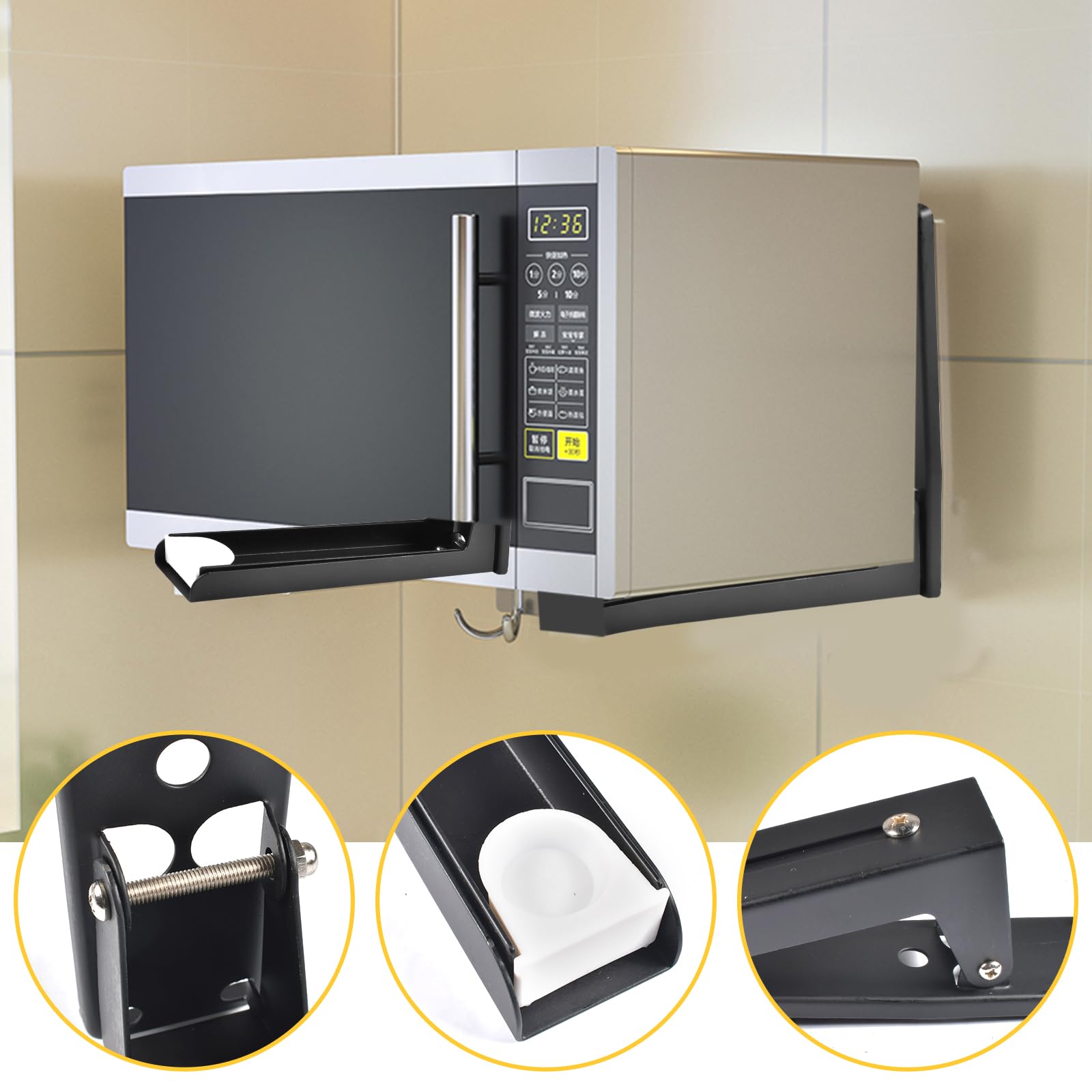 Support Mural Micro Onde,2 Pièces Acier Micro-Ondes Support,Installation Murale Micro-Ondes Support,Pliable et Télescopique,Support Mural pour Micro Ondes Noir,pour Accessoires de Cuisine à Domicile