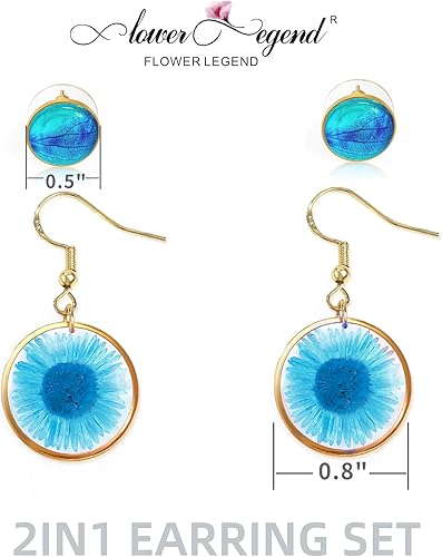 Miniatura 6 de Aretes de flores prensadas de margaritas con caja de regalo, aretes de flores secas redondas de 0.8 pulgadas, aretes de flores reales, regalos de