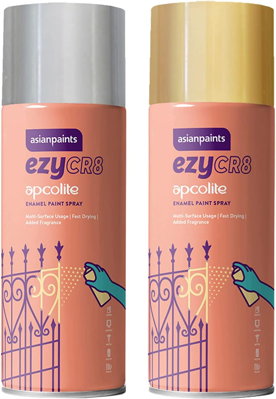Asian Paints ezyCR8 Multi-Surface DIY Apcolite Enamel Paint Spray for Metal, Wood, Wall (Gold, 200ml Can) and DIY Apcolite Enamel Spray Paint for Metal, Wood, Wall (Silver, 200ml Can)