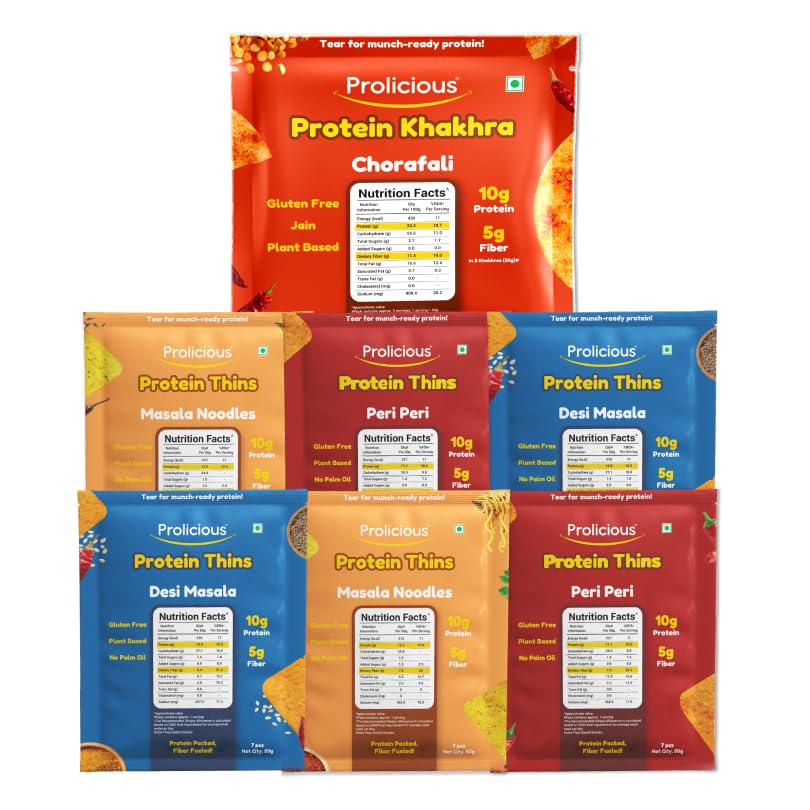 Image of Prolicious Healthy Protein Thin Chips |10g Protein & 5g Fibre Per Pack Per Pack Per Pack | Vegan Snacks|No Maida |No Palm Oil| 50g - Pack of 7| Desi Masala, Peri Peri, Masala Noodle & Chorafali
