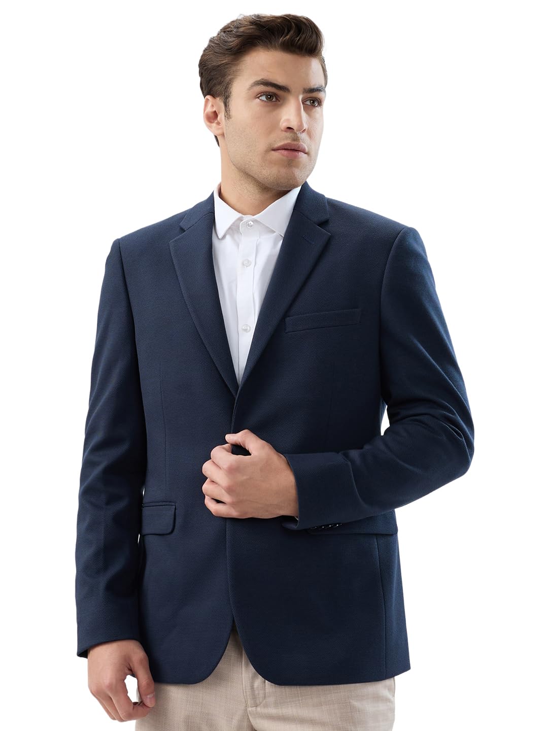 raymond Men Regular Fit Structure Pattern Terelyne Rayon Spandex Blend Notch Lapel Full Sleeve Formal Blazer Dark Blue-picture-56