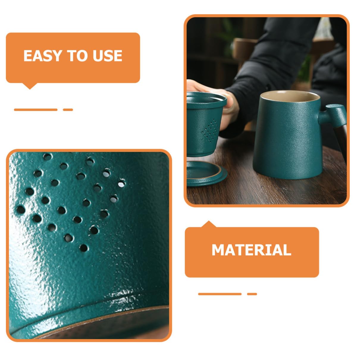 Taza de Té Infusor de Cerámica y Filtro, Capacidad 400ml, Diseño Mango de Madera, Adecuado para Oficina y Cafetería, Color Verde