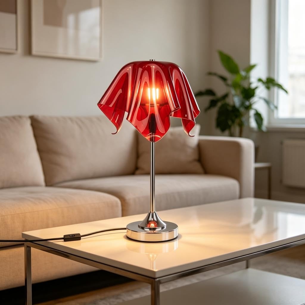 Rote Tischlampe,Schreibtischlampe E27 Mit Akryl Falten Schirm Und Chrom Ständer,Nachttischlampe Für Wohnzimmer,Schlafzimmer, Büro,Leselampe und Moderne Tischlicht,Keine Glühbirne Enthalten