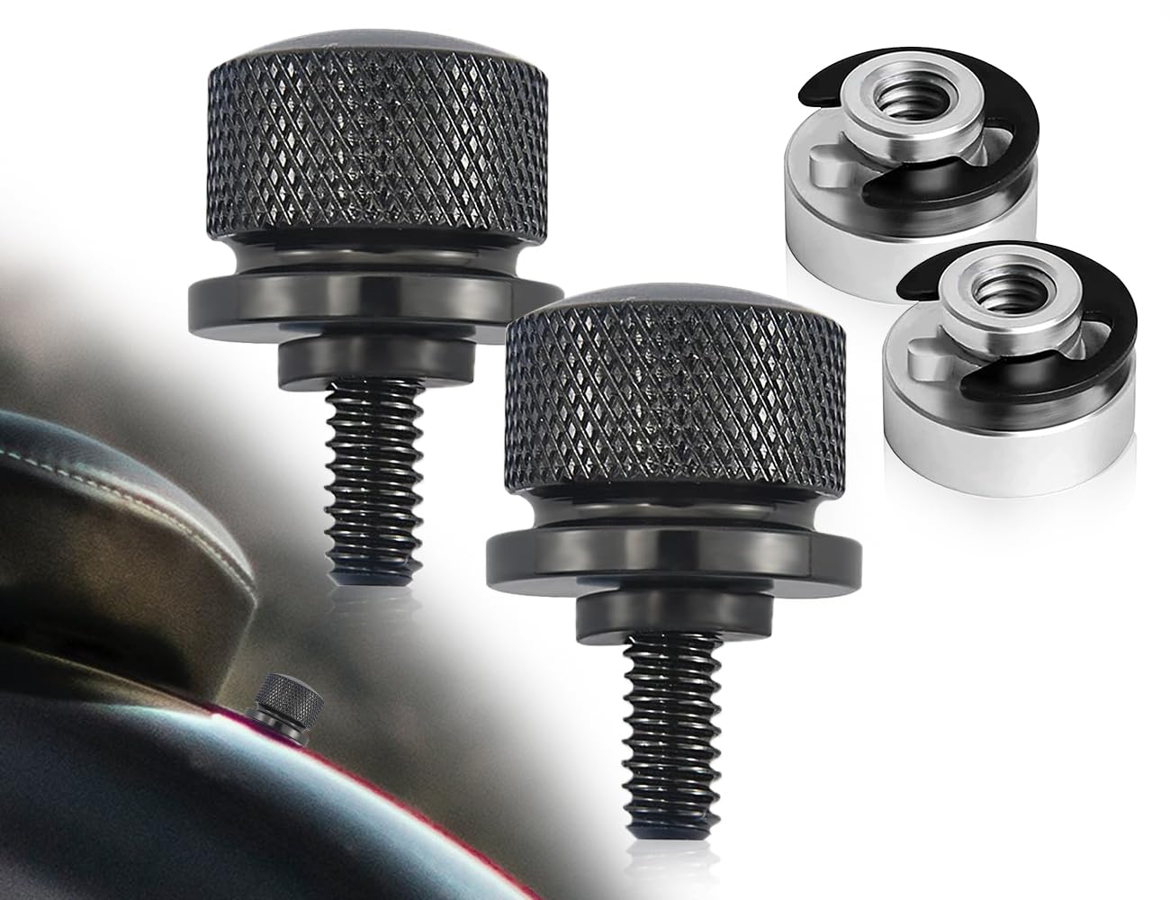 KAPSING Confezione da 2 viti per sella moto, dadi di fissaggio sella, ricambio, vite zigrinata con clip a C, bulloni di montaggio, rondella, compatibile con Harley, per vite sella (nera)