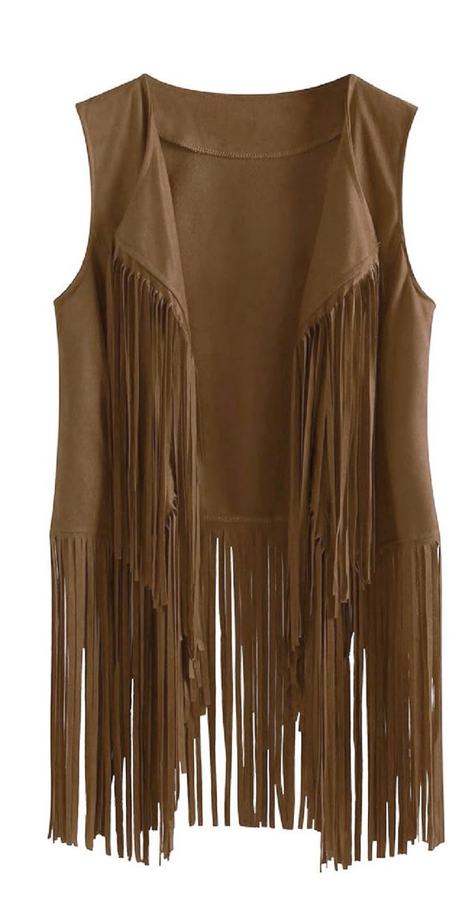 Qchomee Western Cowboy Outfits Retro Cowgirl Hippie Costume for Women Men Synthetic Leather Cowboy Hat Sleeveless Jackets Vest with Tassel Costume Set Faux Suede Hat Fringe Vest (brown - only vest)