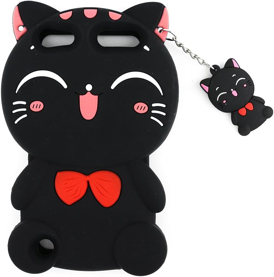 iPod Touch 6 Case, iPod Touch 7 Case, 3D Cute Cartoon Lucky Fortune Cat Kitty Shaped Soft Rubber Silicone Shockproof Case Protector Skin Cover for iPod Touch 6th / 7th Generation (Black Kitty)