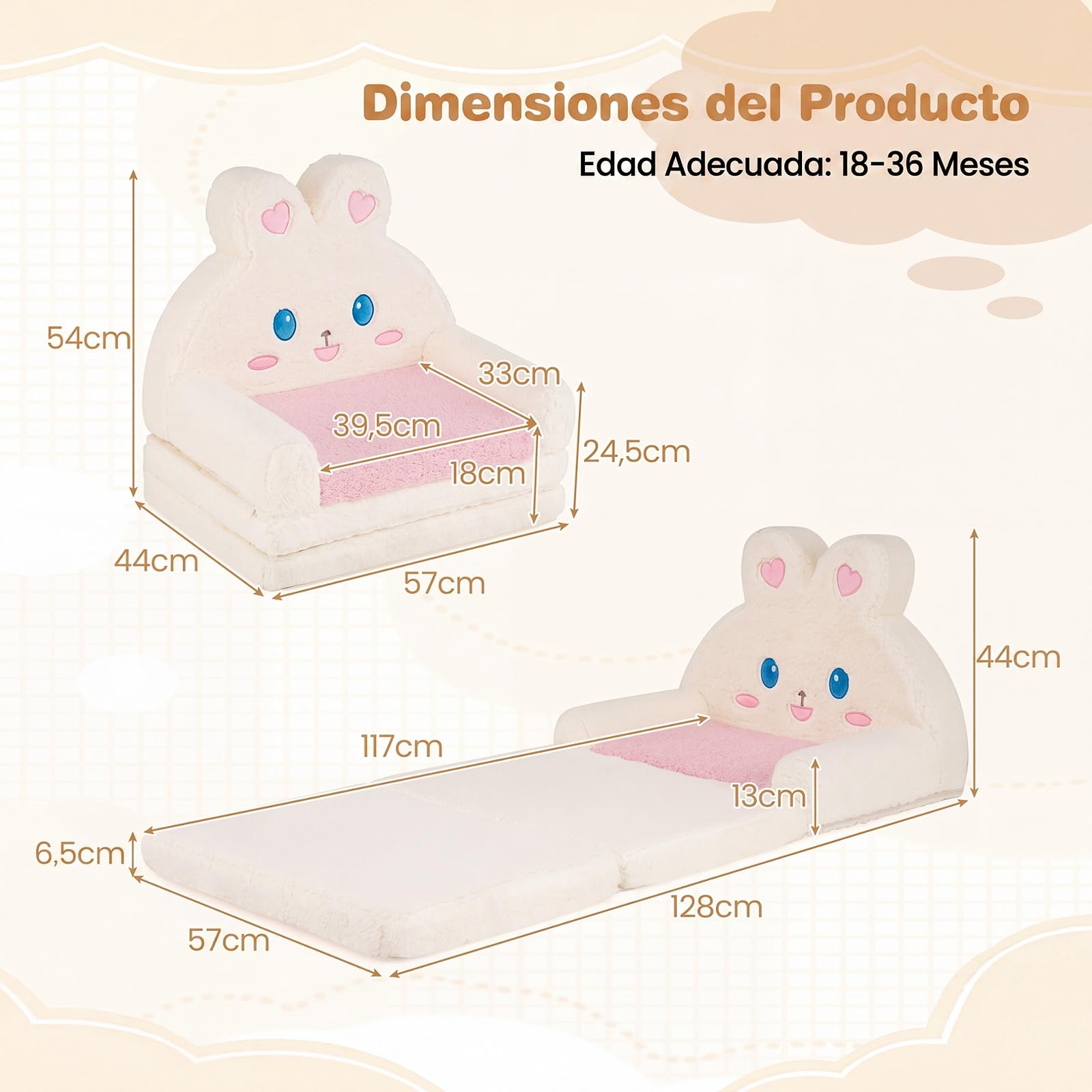 COSTWAY Sofá Infantil Plegable 2 en 1 (Conejo,Rosa) | Sillón Convertible para Niños con Funda Desmontable, Bolsillo de Almacenamiemto, Tumbona de Felpa para 18-36 Meses