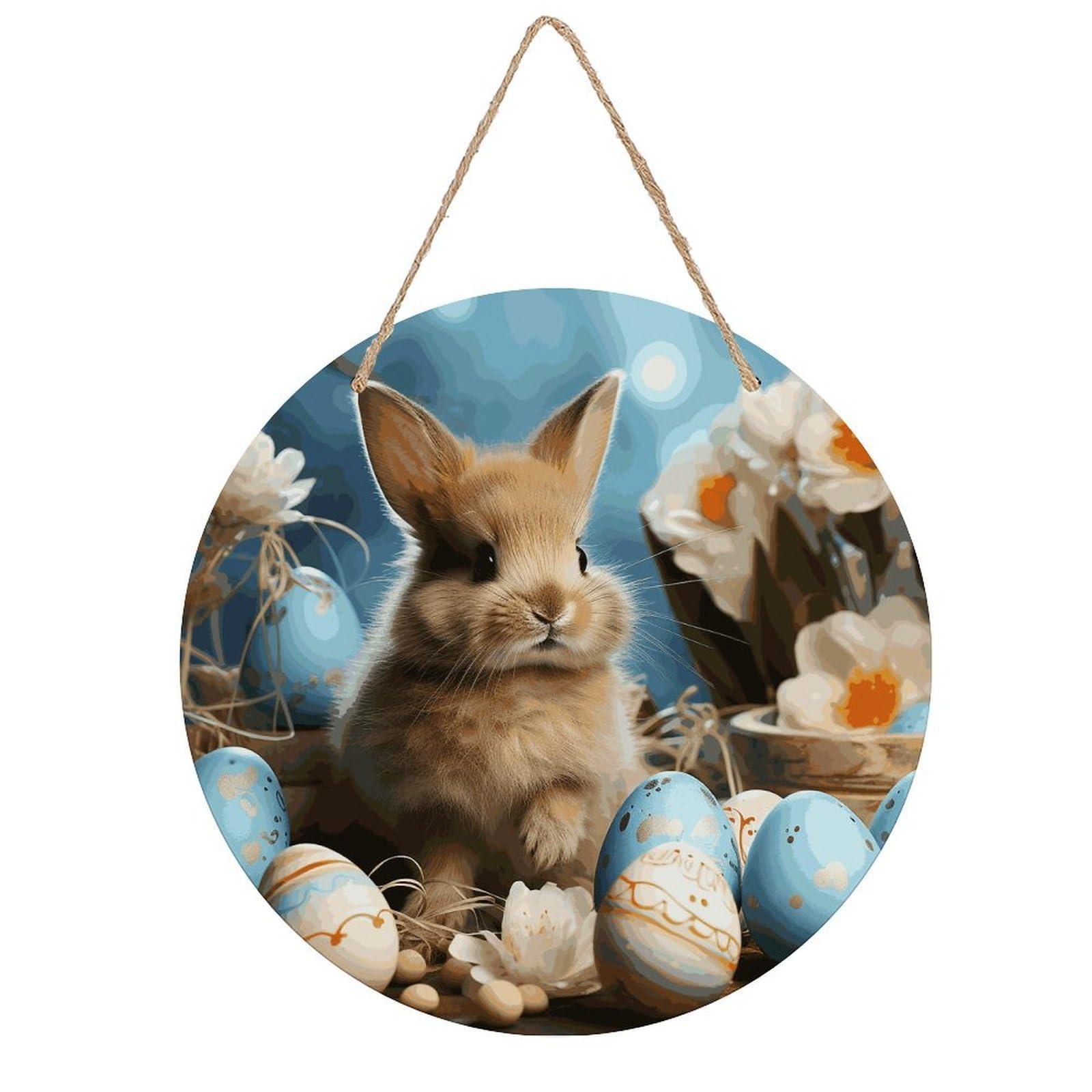 FekiLoot Cute Easter Eggs Rabbit Wall Art Decor Round Wood Hanging Sign Decoration Wooden Circle Door Sign Round Hanging Decorative Wood Plaque Door Hanger for Home Outdoor Indoor Decoration