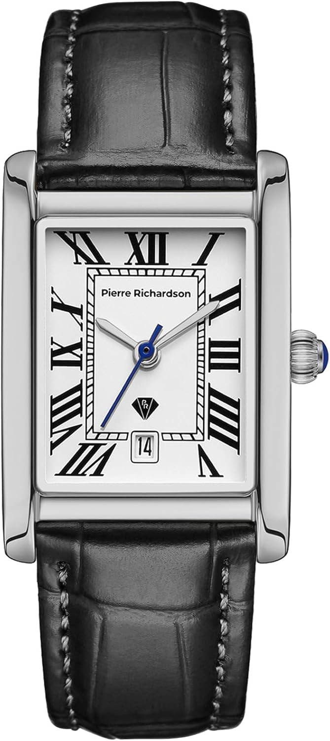 PIERRE RICHARDSON PR2091 Men’s Luxury Watch – Stainless Steel Quartz Watch, 5ATM Water Resistant, Scratch-Resistant Sapphire Crystal Glass, Leather Strap, Reloj para Hombres