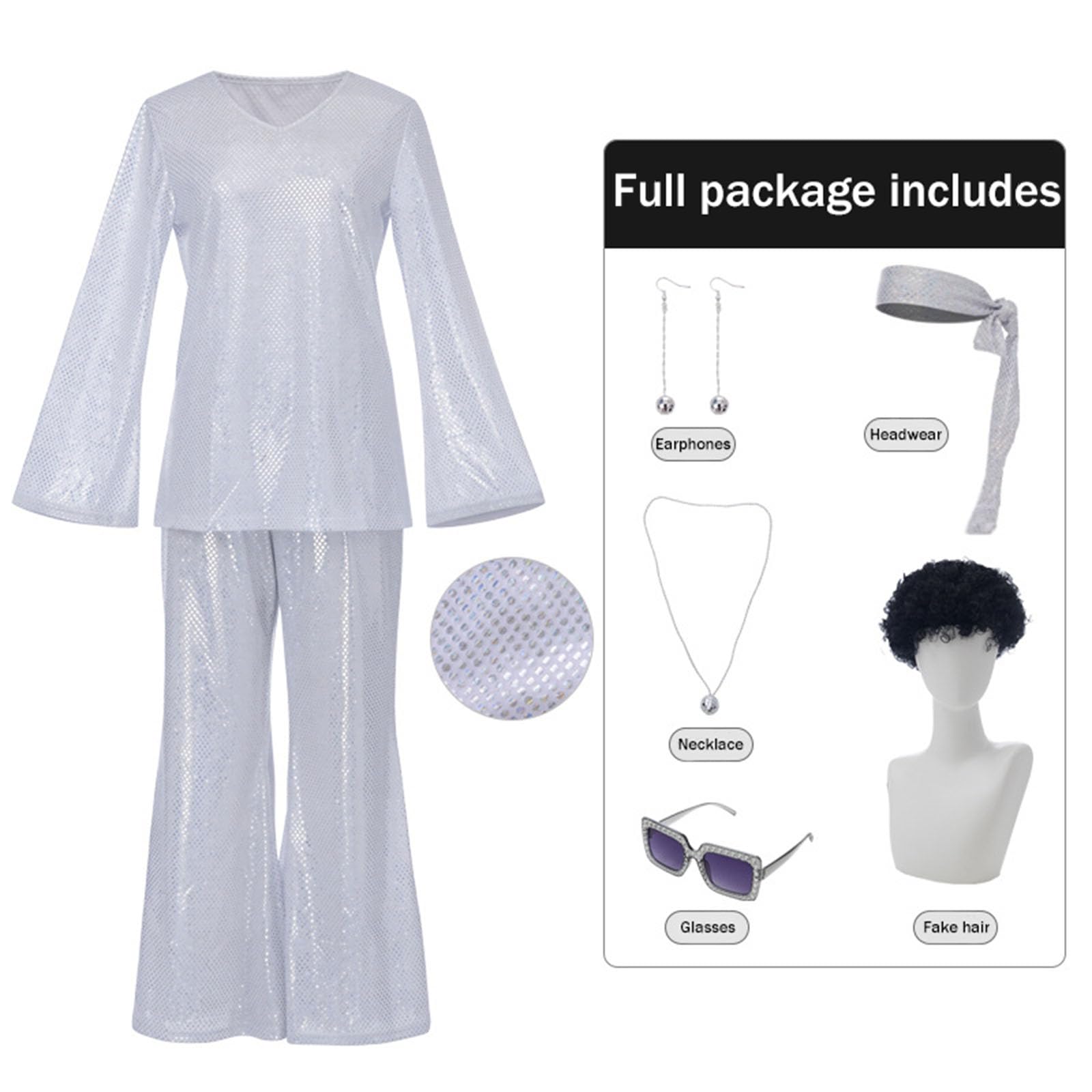 Disco Kostüm Damen 60er 70er Jahre Outfit Disco Outfit mit Perücke Halskette Armband Ohrringe Stirnband Pailletten Outfits für Halloween Faschingskostüme Themenparty S-3XL